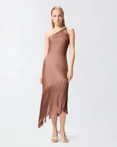 Pinko Brown Dress With Asymmetrical Design And Fringes In Tech Fabric Woman