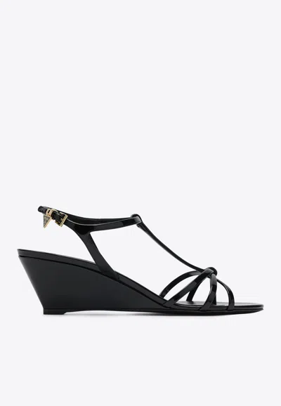 Prada Leather Sandals Wedge Heel Open Toe In Black