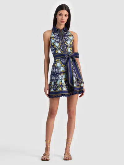 Alice And Olivia Lucy Halter Mini Shirt Dress Antique Scroll In Blue