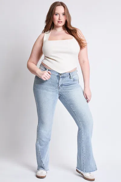 Ymi Women's Plus Low Rise Frayed Hem Flare Jeans In Blue