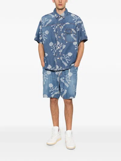 Mastermind Japan Patterned Denim Shorts In Blue