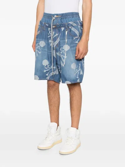 Mastermind Japan Patterned Denim Shorts In Blue