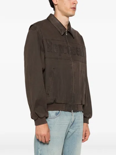 Represent Roscoe Logo Detail Cotton Canvas Bomber Jacket In Brown
