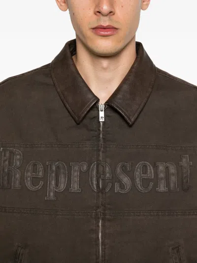 Represent Roscoe Logo Detail Cotton Canvas Bomber Jacket In Brown
