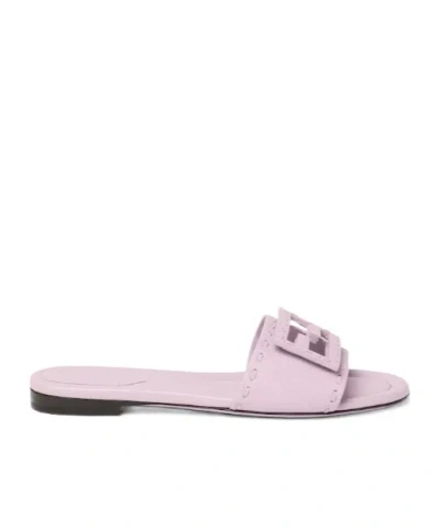 Fendi Baguette Ff Leather Buckle Flat Slide Sandals In Pink