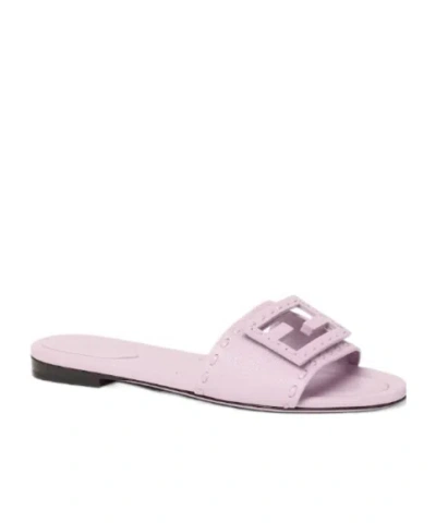 Fendi Baguette Ff Leather Buckle Flat Slide Sandals In Pink