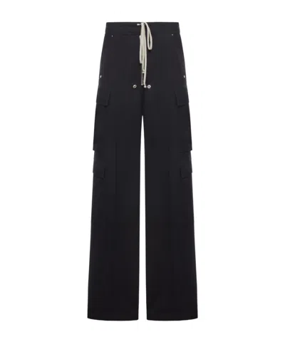 Rick Owens Heizer Belas Wide-leg Cotton-blend Poplin Drawstring Cargo Trousers In Black