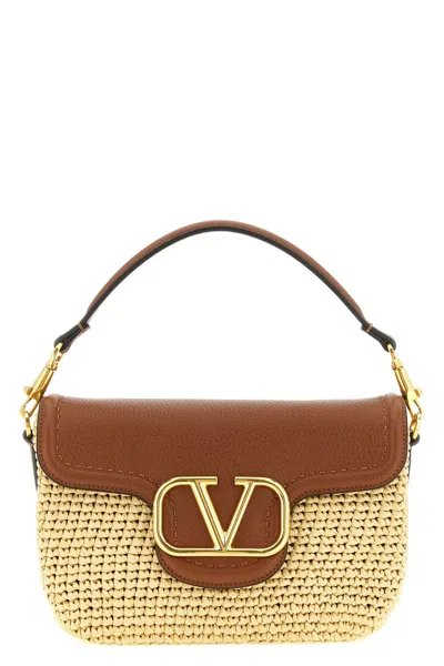Valentino Garavani  Garavani Alltime Shoulder Bag In Raffia And Grainy Calfskin With Ribbon In Brown
