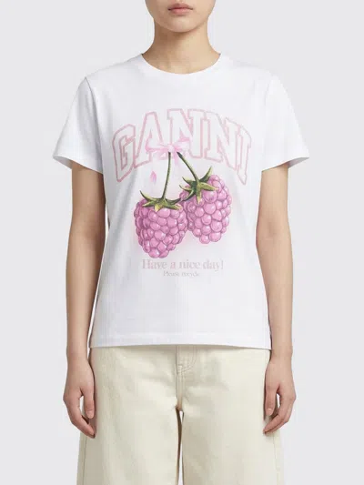 Ganni Cotton Crew Neck Graphic Print T-shirt In White