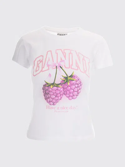 Ganni Cotton Crew Neck Graphic Print T-shirt In White