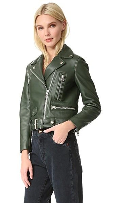 Shop Acne Studios Mock Leather Moto Jacket In Forest Green