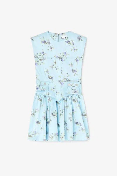 Ganni Printed Double Satin Corset Mini Dress Iced Aqua In Multi