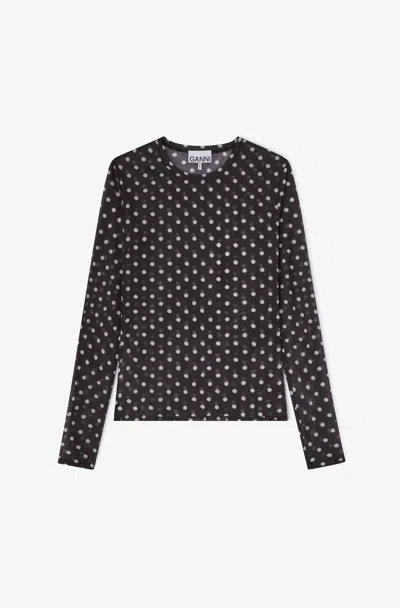 Ganni Sheer Polka Dot Long Sleeve Crew Sweater In Multi