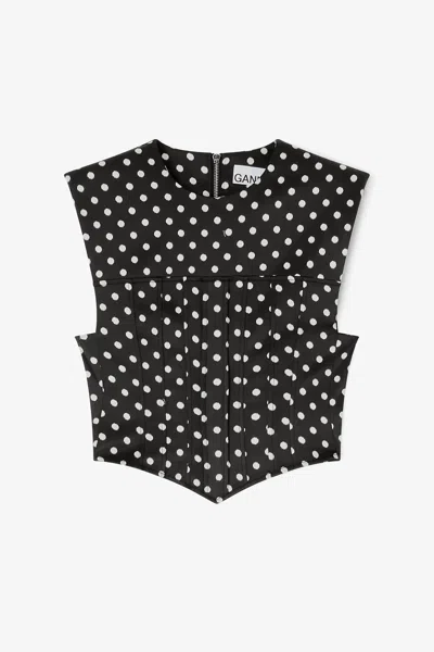 Ganni Womens Black Padded-shoulder Polka-dot Satin Corset Top