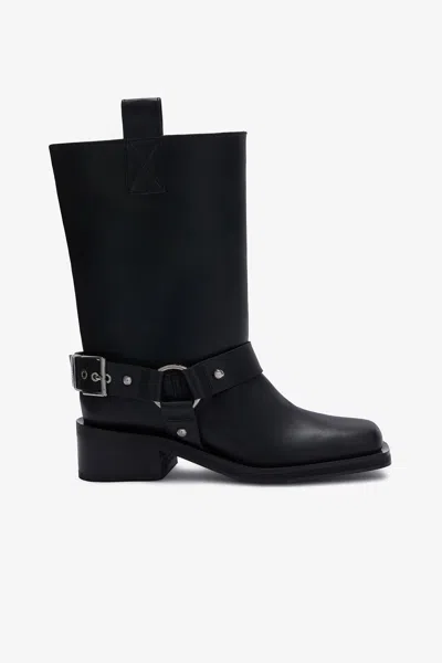 Ganni Mid Calf Recycled Leather Biker Boots In Black