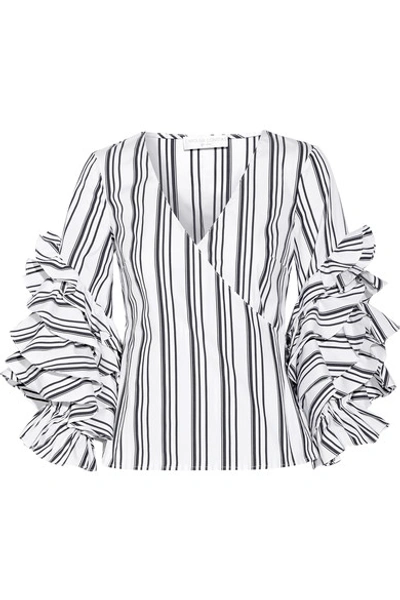 Shop Caroline Constas Athena Ruffled Striped Stretch Cotton-blend Top