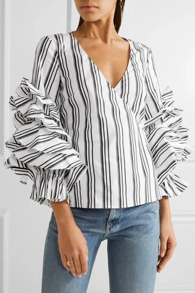 Shop Caroline Constas Athena Ruffled Striped Stretch Cotton-blend Top