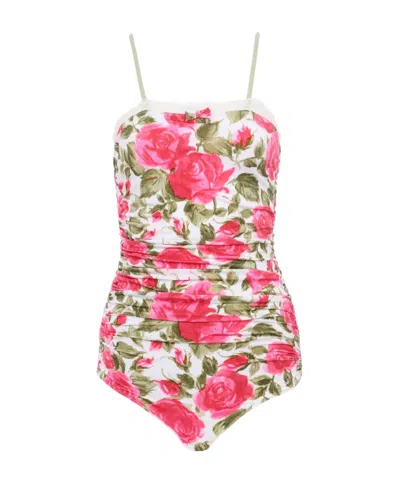 Chloé Bow-detailed Ruched Lace-trimmed Floral-print Swimsuit In Multi