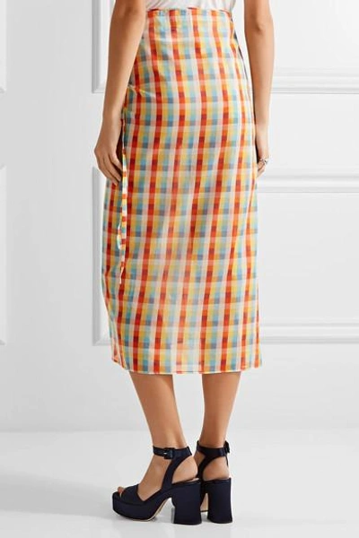 Shop Miu Miu Checked Cotton-voile Wrap Midi Skirt
