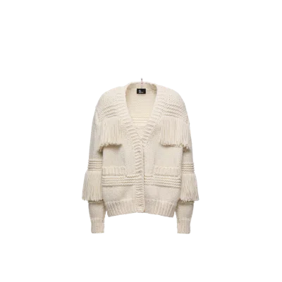 Moncler Grenoble Fringe Trim Wool Blend Cardigan In White