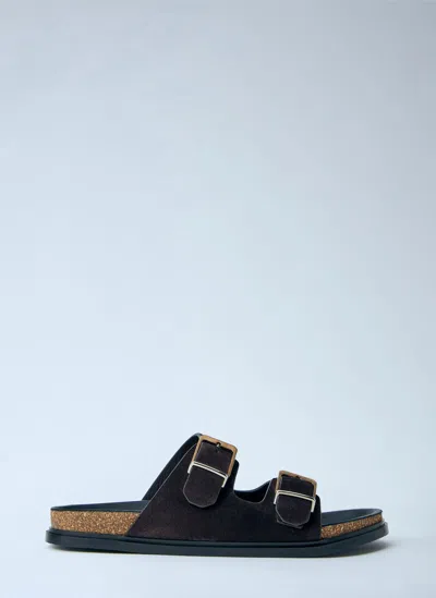 The Row Leather Dual-buckle Slide Sandals In Brown