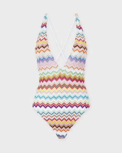 Missoni Multicolor One-piece Swimsuit With V-neck And All-over Zig-zag Motif In Stretch Viscose Blend Woman In Multi