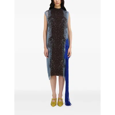 Ferragamo Cuttle Fish Print Silk Sleeveless Shift Dress In Blue