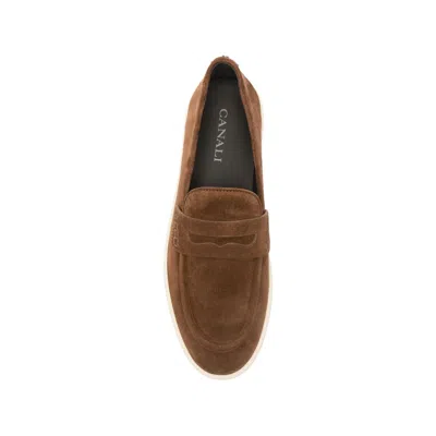 Canali Burnt Brown Suede Penny Loafers With Gunmetal Rivet In Multi
