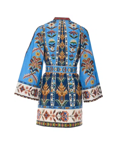 Farm Rio Blue Dress With V-neck And All-over Floral Motif In Fabric Woman In Multi