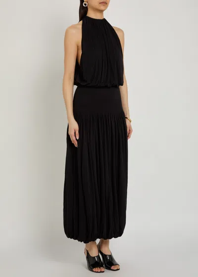 Totême Black Fluid Viscose Gathered Midi Dress In Burgundy