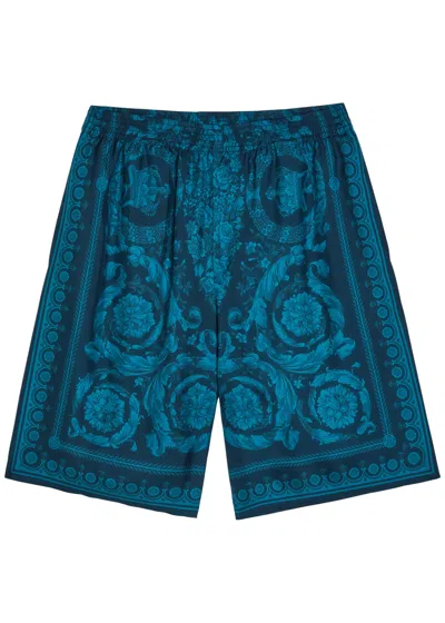 Versace Relaxed Baroque Patterned Silk-nylon Shorts In Blue