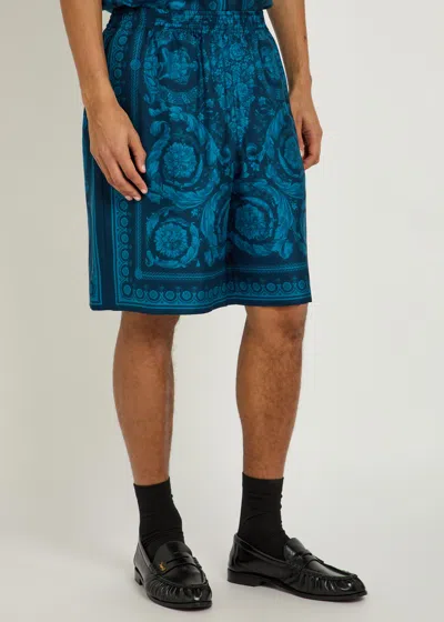 Versace Relaxed Baroque Patterned Silk-nylon Shorts In Blue
