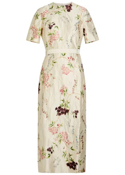 Erdem Floral Print Textured Satin Midi Pencil Dress In Neutral