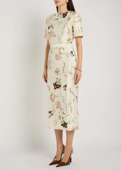 Erdem Floral Print Textured Satin Midi Pencil Dress In Neutral