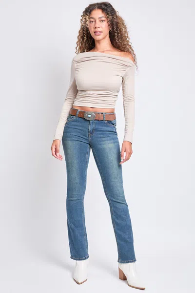 Ymi Women's Mid Rise Belted Bootcut Jeans In Blue