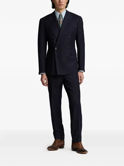 Rrl Striped-pattern Double-breasted Suit In Blue