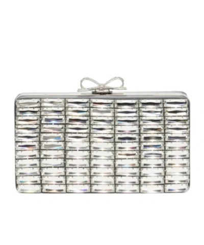 Self-portrait Rectangular Grey Satin Crystal Clutch Bag In Gray