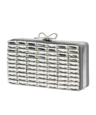 Self-portrait Rectangular Grey Satin Crystal Clutch Bag In Gray