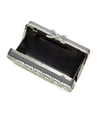 Self-portrait Rectangular Grey Satin Crystal Clutch Bag In Gray