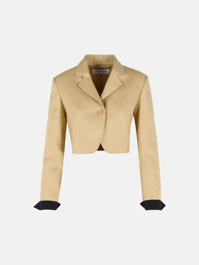 Max Mara Buono Diagonal Cropped Jacket In Camel Linen In Blue