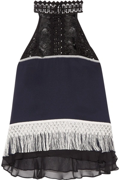 Shop Jonathan Simkhai Fringed Guipure Lace And Chiffon-trimmed Silk-crepe Top