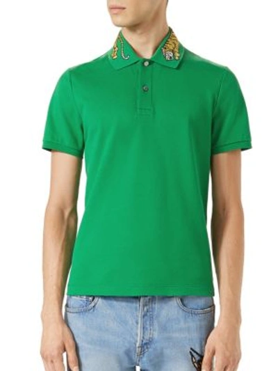 Shop Gucci Tiger Embroidered Cotton Polo In Green