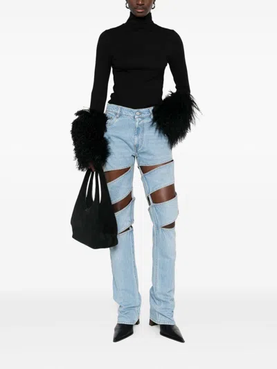 Coperni Light Blue Jeans With Cut-out Spiral Design And Logo Patch On The Rear In Denim Woman In Blue