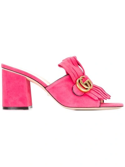 Gucci 75mm Marmont Gg Fringed Suede Mules, Fuchsia In Pink