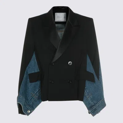 Sacai Womens Black Blue Tailored-contrast Wool And Denim Jacket