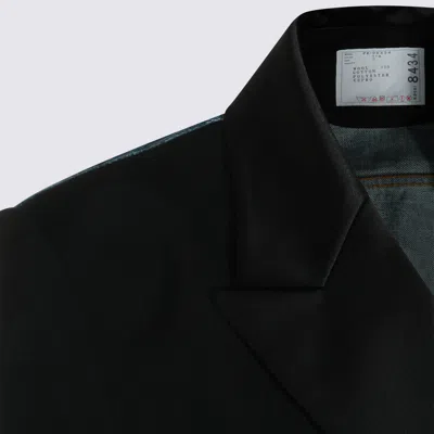 Sacai Womens Black Blue Tailored-contrast Wool And Denim Jacket