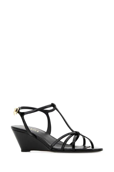 Prada Leather Sandals Wedge Heel Open Toe In Black