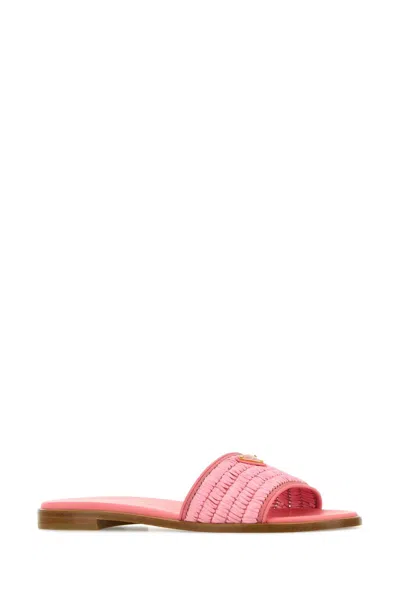 Prada Triangle Logo Raffia Flat Slide Sandals In Pink