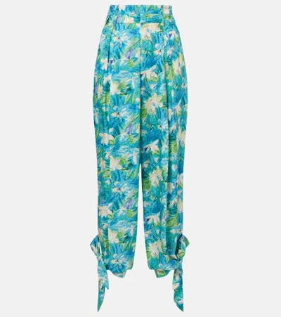 Chloé Floral-print Silk-jacquard Cropped Pants In Blue