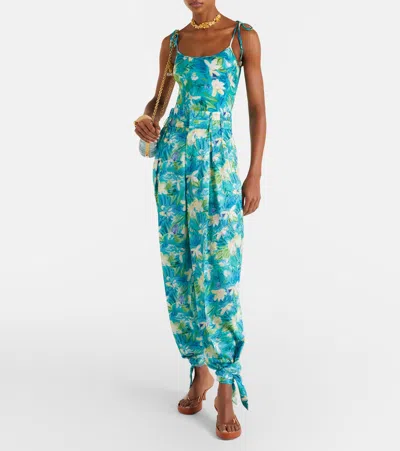 Chloé Floral-print Silk-jacquard Cropped Pants In Blue